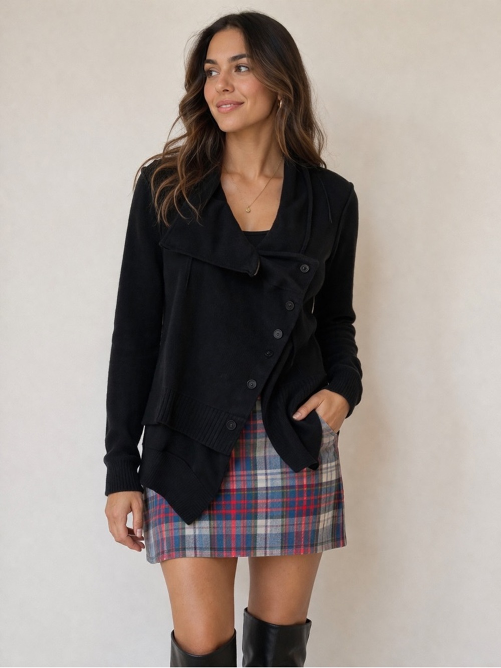 SOH Black‎ Moto Cashmere/Cotton Blend Jacket/Cardigan With Leather Elbow Patch M